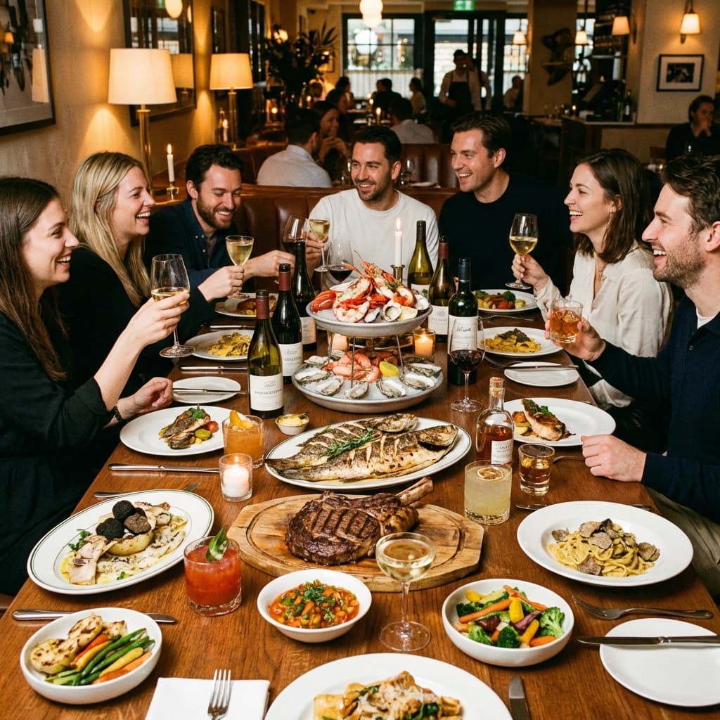 Happy customers dining with lots of food